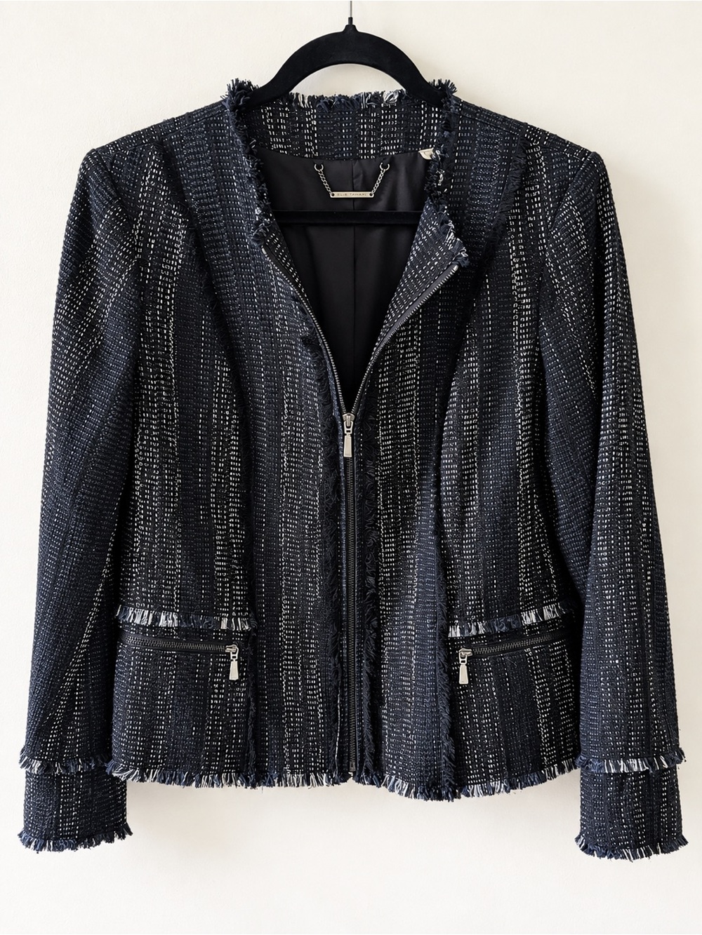 Elie Tahari Metallic Tweed Fringe Zip Blazer Jacket Black Silver Size L